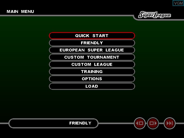 Image du menu du jeu European Super League sur Sega Dreamcast