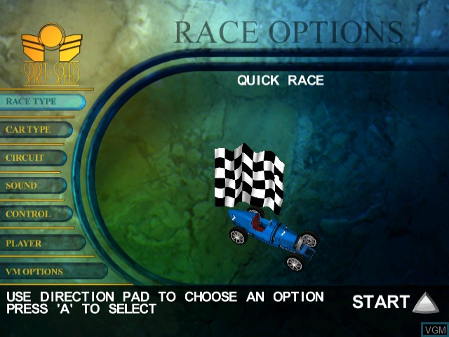 Image du menu du jeu Spirit of Speed 1937 sur Sega Dreamcast