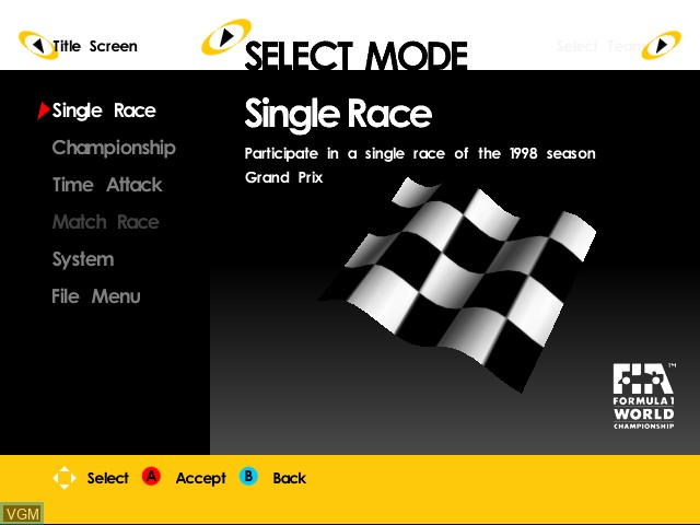 Image du menu du jeu F1 World Grand Prix sur Sega Dreamcast