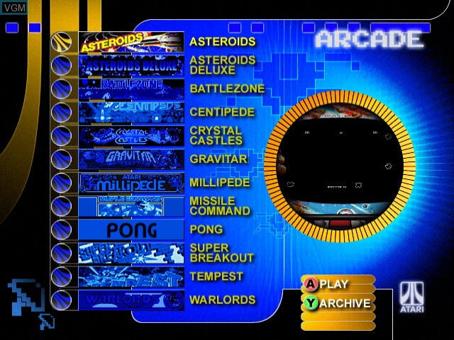 Image du menu du jeu Atari Anniversary Edition sur Sega Dreamcast