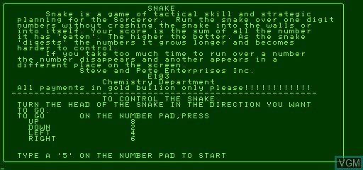 Image de l'ecran titre du jeu Snake sur Exidy Sorcerer