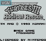 Image de l'ecran titre du jeu Teenage Mutant Hero Turtles III - Radical Rescue sur Nintendo Game Boy