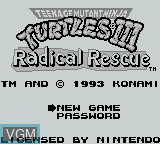Image de l'ecran titre du jeu Teenage Mutant Ninja Turtles III - Radical Rescue sur Nintendo Game Boy
