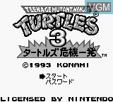 Image de l'ecran titre du jeu Teenage Mutant Ninja Turtles 3 - Turtles Kiki Ippatsu sur Nintendo Game Boy