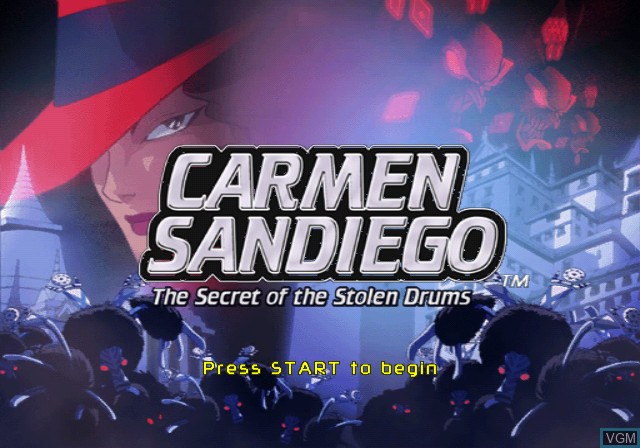 Image de l'ecran titre du jeu Carmen Sandiego - The Secret of the Stolen Drums sur Nintendo GameCube