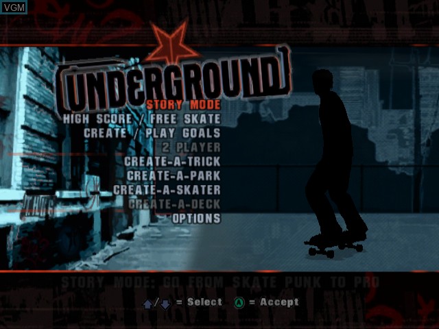 Image du menu du jeu Tony Hawk's Underground sur Nintendo GameCube