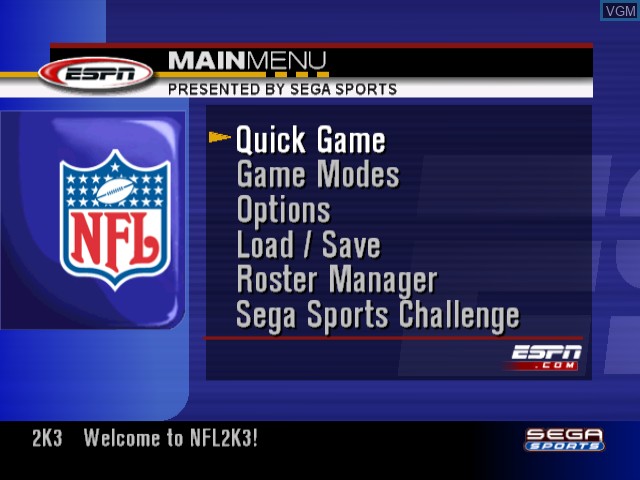 Image du menu du jeu NFL 2K3 sur Nintendo GameCube