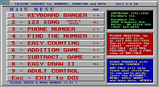 Image de l'ecran titre du jeu 123-Talk sur MS-DOS