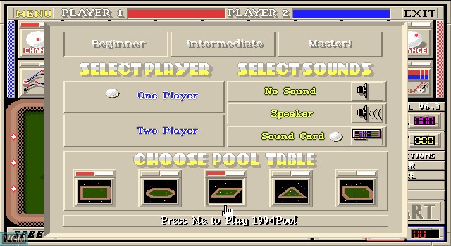 Image du menu du jeu 1994Pool+ sur MS-DOS
