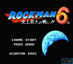 Image de l'ecran titre du jeu RockMan 6 - Shijou Saidai no Tatakai!! sur Nintendo NES