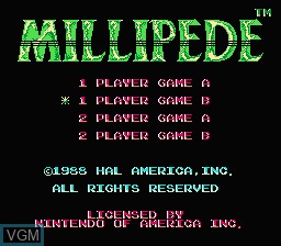 Image du menu du jeu Millipede sur Nintendo NES