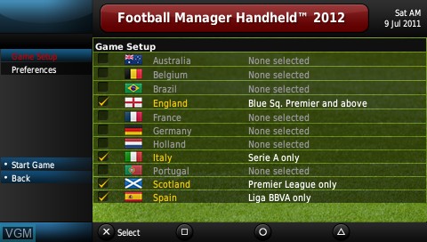 Image du menu du jeu Football Manager Handheld 2012 sur Sony PSP