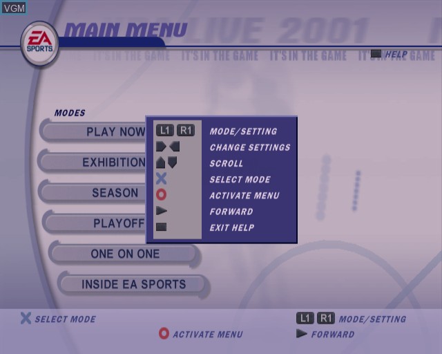 Image du menu du jeu NBA Live 2001 sur Sony Playstation 2
