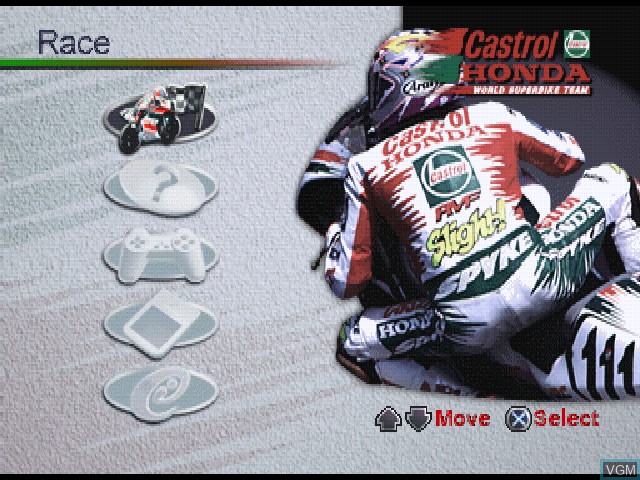 Image de l'ecran titre du jeu Castrol Honda World Superbike Team VTR sur Sony Playstation