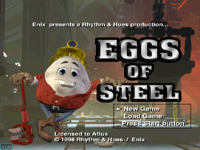 Image de l'ecran titre du jeu Eggs of Steel - Charlie's Eggcellent Adventure sur Sony Playstation