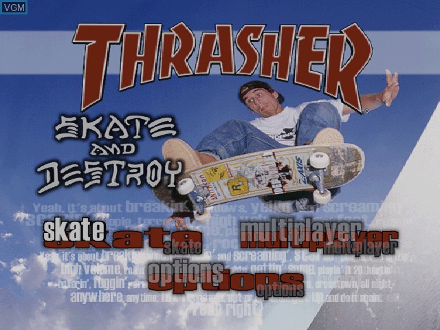 Image de l'ecran titre du jeu Thrasher Presents - Skate and Destroy sur Sony Playstation