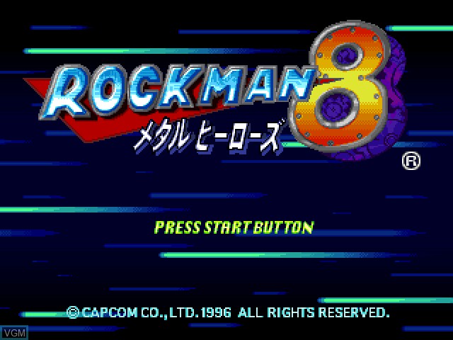 Image de l'ecran titre du jeu RockMan 8 - Metal Heroes sur Sony Playstation