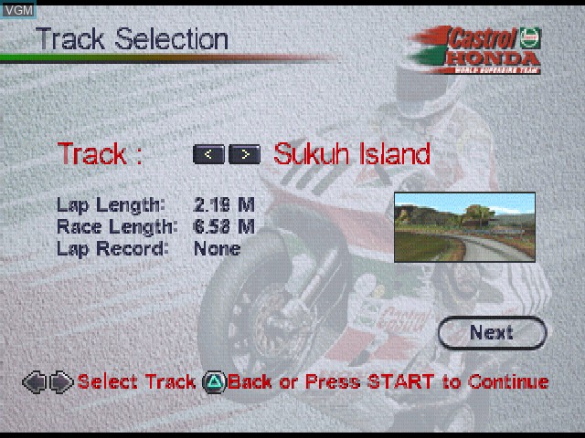 Image du menu du jeu Castrol Honda World Superbike Team VTR sur Sony Playstation