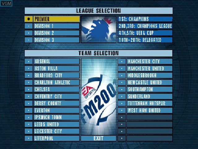 Image du menu du jeu F.A. Premier League Football Manager 2001, The sur Sony Playstation