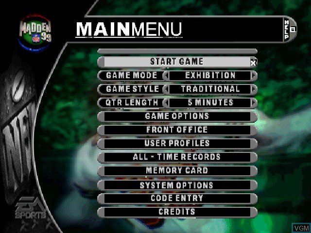 Image du menu du jeu Madden NFL 99 sur Sony Playstation