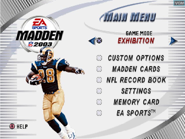 Image du menu du jeu Madden NFL 2003 sur Sony Playstation