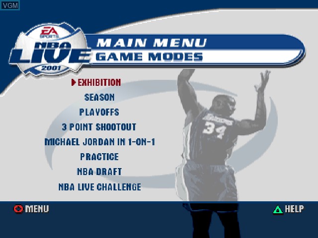 Image du menu du jeu NBA Live 2001 sur Sony Playstation