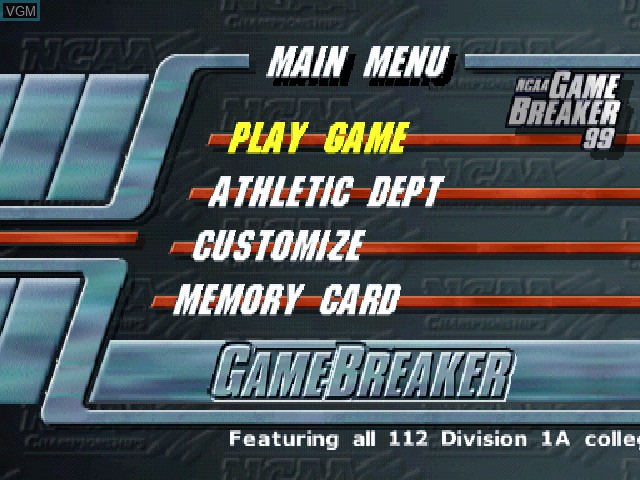 Image du menu du jeu NCAA GameBreaker 99 sur Sony Playstation