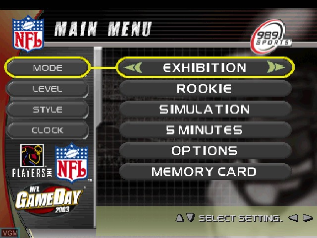 Image du menu du jeu NFL GameDay 2003 sur Sony Playstation