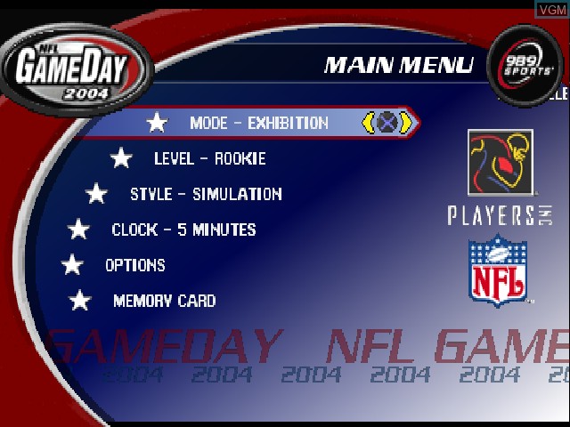 Image du menu du jeu NFL GameDay 2004 sur Sony Playstation