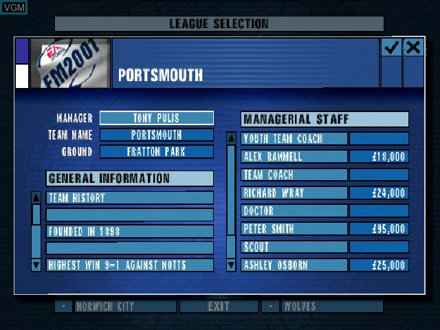 Image in-game du jeu F.A. Premier League Football Manager 2001, The sur Sony Playstation
