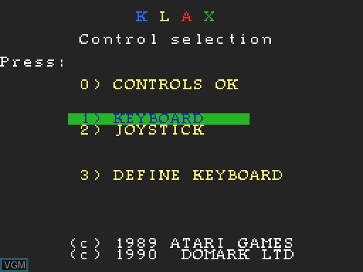 Image du menu du jeu Klax sur MGT Sam Coupé