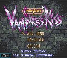 Image de l'ecran titre du jeu Castlevania - Vampire's Kiss sur Nintendo Super NES