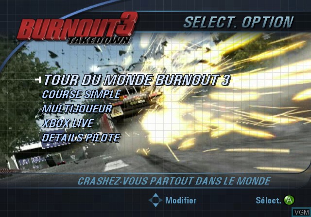 Image du menu du jeu Burnout 3 - Takedown sur Microsoft Xbox