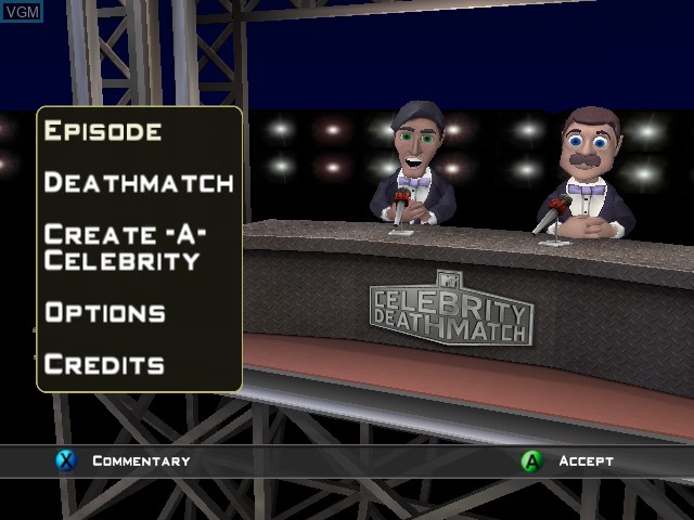 Image du menu du jeu MTV's Celebrity Deathmatch sur Microsoft Xbox
