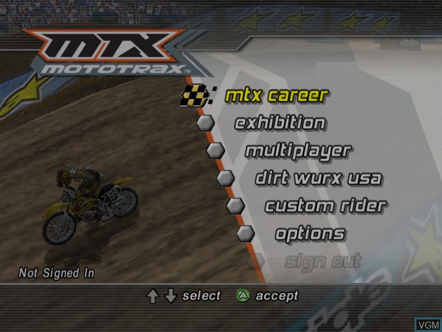 Image du menu du jeu MTX Mototrax sur Microsoft Xbox