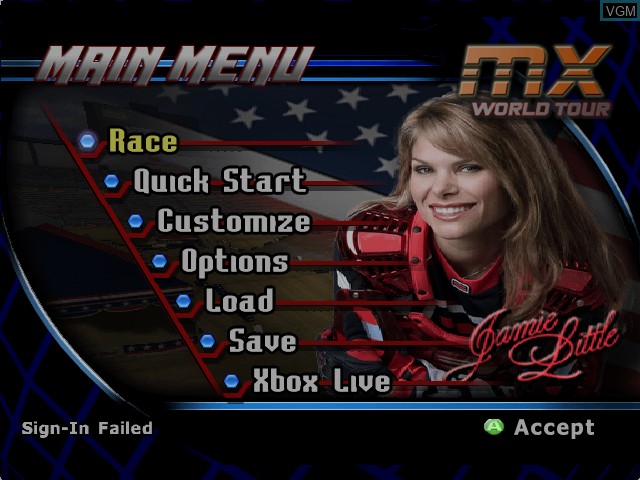 Image du menu du jeu MX World Tour Featuring Jamie Little sur Microsoft Xbox